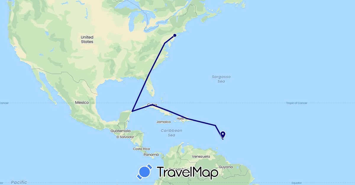 TravelMap itinerary: driving in Antigua and Barbuda, Barbados, Cuba, Dominican Republic, Mexico, United States (North America)